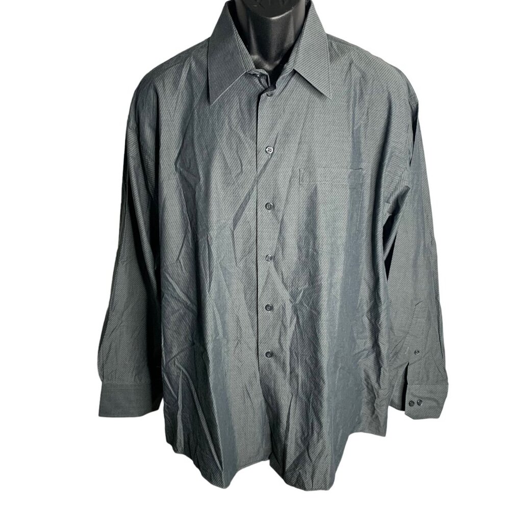 Kenneth Cole Button Up Long Sleeve Shirt 2XL Grey Diagonal Stripe Pocket Collar